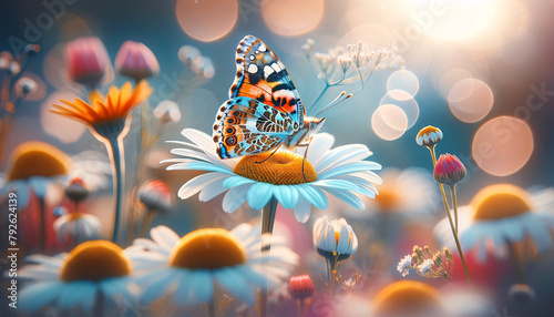 The delicate interaction of nature, featuring a colorful butterfly perched on a daisy