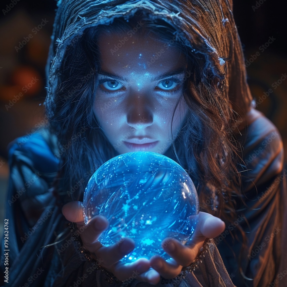 Naklejka premium Sorceress s vision, crystal ball, midnight, vision revelation scene, tight composition, glowing foresight, mystical insight