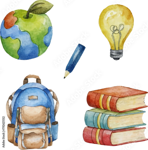 School supplies watercolor vector elements set isolated. Backpack, books, globe, pencil, lightbulb, apple.