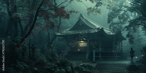 Japanese temple. ancient shrine in the middle of forest. night at the mountain.