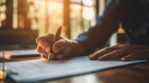Close up view of man signing a document at desk, young strong entrepreneur hand holding a pen and reading the bond agreement with multinational corporation to expand his business photo