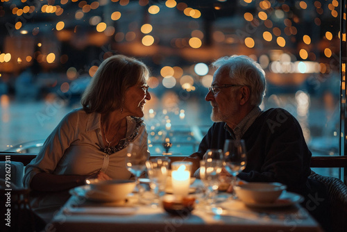 Elderly Couple Enjoying Romantic Dinner on Cruise Ship