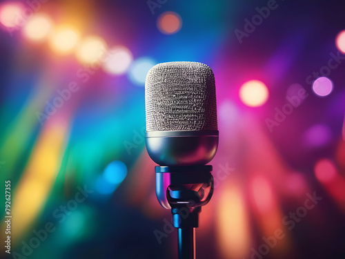 microphone on blur colorful background , microphone in the party night