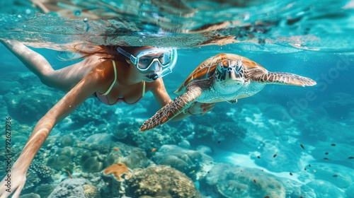Snorkeling with a sea turtle. Girl swimming with a mask next to the turtle AI generated