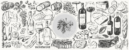 Vector wine illustration. Wine bottle, glass, snack