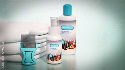 Hair lice shampoo, spray, metal lice and towel. 3D illustration