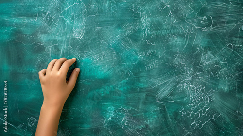 Hand of a school teacher erasing chalk with finger  photo