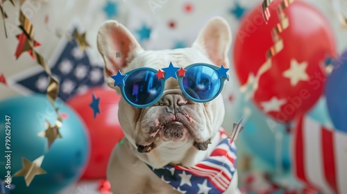 white French bulldog wearing blue sunglasses and stars and stripes scarf with US flag themed blue and red balloons with stars for 4th of July