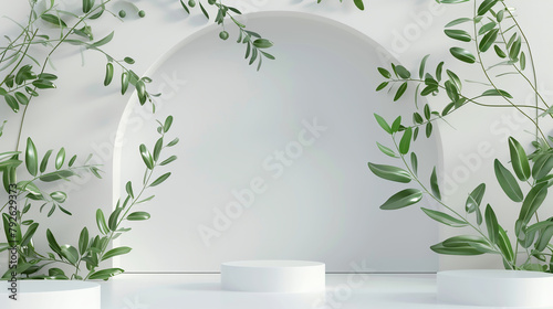 white podium stage with green olive leaves. platform or pedestal mockup for products presentation in studio. Background with rectangular stands photo