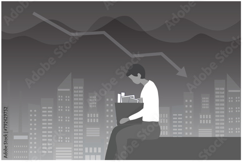 Dismissed depressed businessman holding a box. He was fired from job.  Unemployment, economic crisis, economic downturn, jobless, lay off concept after covid-19 pandemic outbreak vector illustration 