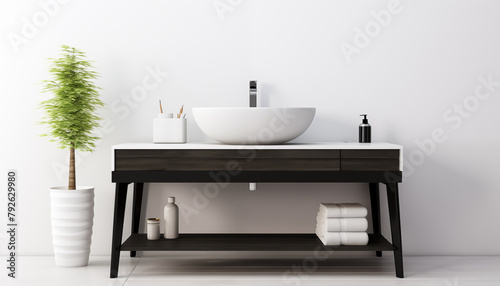 A modern bathroom vanity with a white sink dark wood cabinet and a potted plant next to it