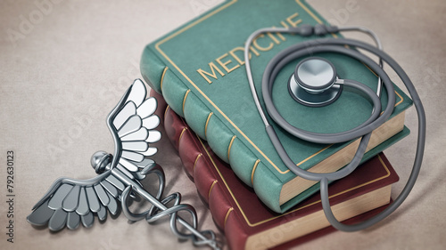 Stethoscope, silver caduceus and medicine books. 3D illustration © Destina