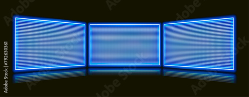 Realistic Stage with Three LED Screens Featuring Neon Blue and White Dot Lights. Ideal for Performance Backgrounds, Concert Halls, Modern Theaters, and Nightclub Decorations. Vector Illustration.