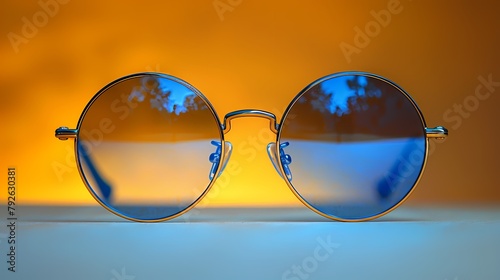 A vintage-inspired and retro round sunglasses mockup on a solid yellow background, showcasing its colored lenses and metal frames, all presented in HD to evoke a sense of nostalgia and classic style