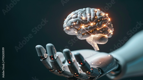 Futuristic AI brain concept held by robot hand. Generative AI image