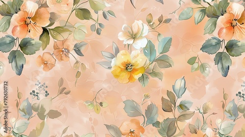 A seamless pattern of soft pastel colored flowers and leaves, vintage style, on peach background © EnelEva