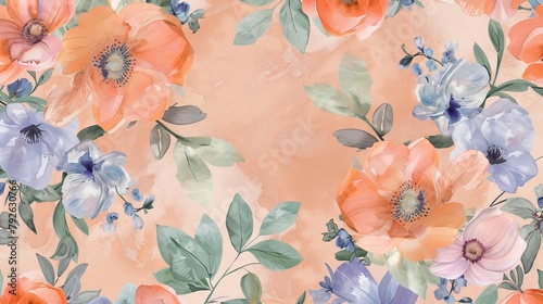 A seamless pattern of soft pastel colored flowers and leaves, vintage style, on peach background