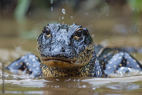Asian Water Monitor: Swimming in a river with sleek body and powerful tail, showcasing adaptation