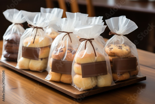 cookies with chocolate in plastic bag on wooden table. Presentation of products in packaging, sales layout, space for text