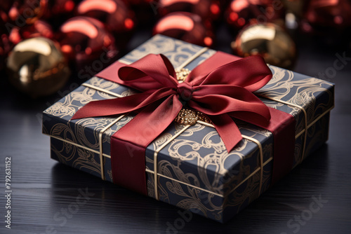Gift box with red ribbon and christmas balls on wooden background