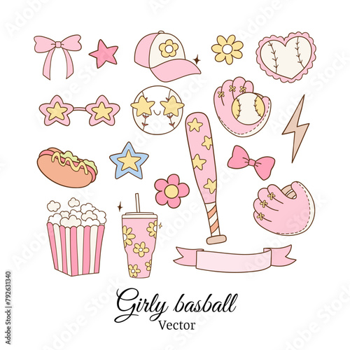 Draw collection pink girly baseball Trendy soft girl Girlie sport © anchalee