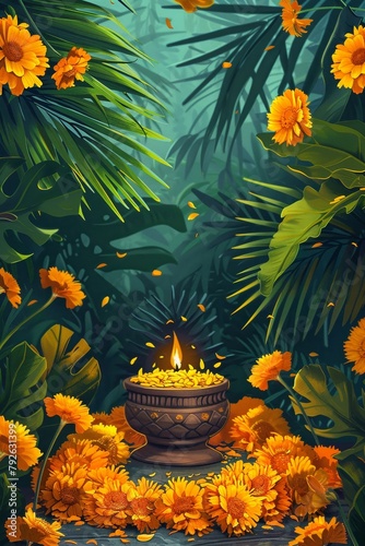 A cheerful Vishu celebration card bordered with yellow marigolds and traditional Keralastyle artwork, capturing the essence of the festival photo