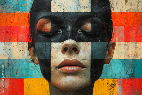 Serene painted faces on multicolored background Generative AI image