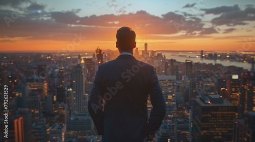 Successful businessperson with skyline backdrop, conveying ambition , DALL-E 2
