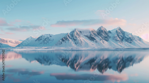 Beautiful snowy mountains with sharp peaks and reflection of calm lake water at sunrise