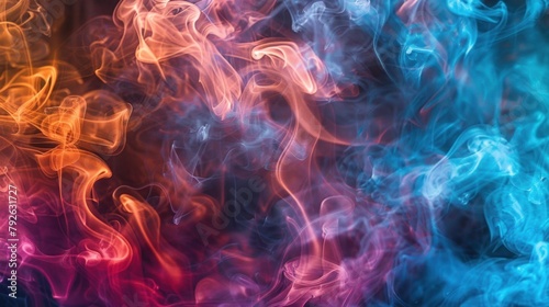 Abstract thin streams of colorful multi-colored smoke, chaotically intertwining with each other on black background