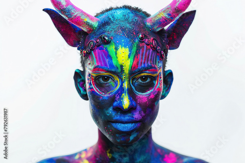 Man With Colorful Makeup and Horns. Generative AI photo