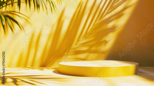 Empty yellow podium mockup with palm leaves shadow on wall. background for cosmetics presentation, event, and exhibition. Professional, sleek, and eye-catching design with round stands