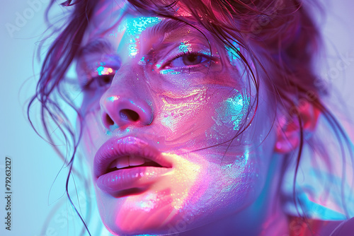 Woman With Blue and Pink Lights on Her Face. Generative AI photo