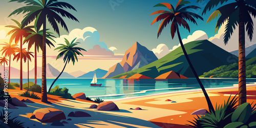 Beach with palm trees, vector illustration. Based on AI generative image.