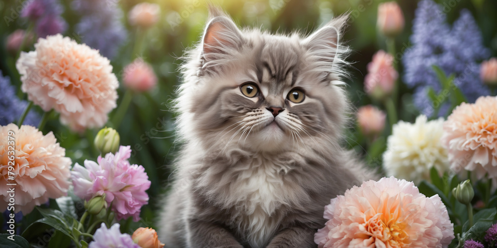 beautiful kitten, cat surrounded by fresh flowers outdoors beautiful kitten, cat surrounded by fresh flowers outdoors