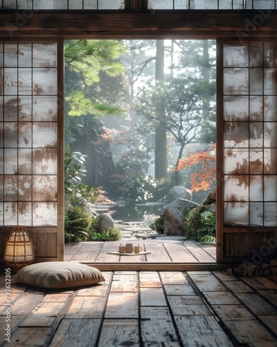 A raw, slightly overexposed photograph of the ancient Japanese interior A single, weathered cushion rests near the open rice paper doors photo