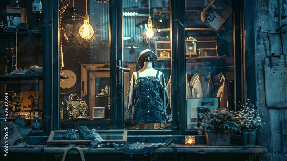 A window display of clothing with a mannequin wearing a blue dress