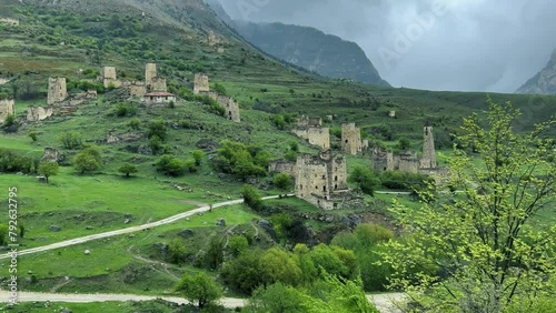 The complex of old Egikal Towers, the largest medieval castle-type tower villages, is located on the outskirts of a mountain range in Ingushetia, Russia. An ancient family crypt. 4К photo