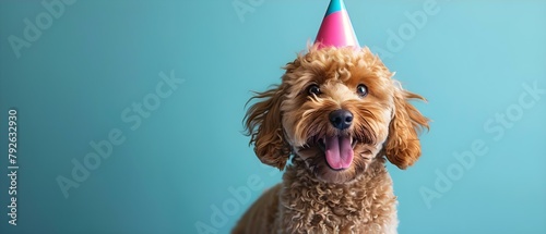 Labradoodle in party hat tongue out celebrating birthday with colorful background. Concept Dog Photography, Birthday Celebration, Party Hat, Cute Poses, Colorful Background photo