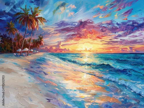 Tropical Beach Paradise Turquoise water lapping against a pristine white sand beach, with swaying palm trees, colorful beach umbrellas, and a vibrant sunset in the background , hyper detailed