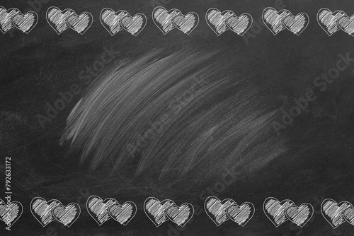 Illustration with chalk drawing hearts shapes on the blackboard and copy space for your text or design. Valentines Day, love