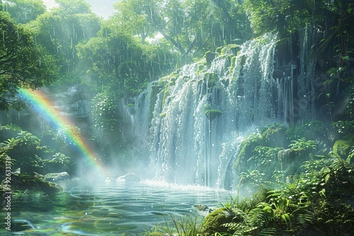Waterfall Cascading through a Lush Rainforest A powerful waterfall cascading through a dense rainforest, with lush greenery, mossy rocks, and a rainbow shimmering in the mist , 3D rander