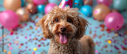 Labradoodle wearing a party hat and sticking out tongue while celebrating birthday against colorful background. Concept birthday party, labradoodle, party hat, colorful background, playful pose