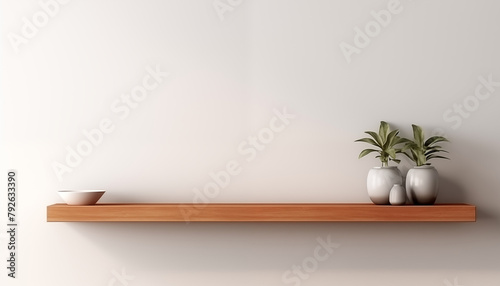 A wooden shelf with a bowl and two vases of plants on a white wall background