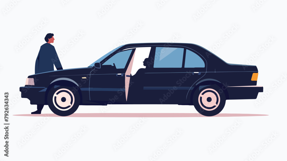 Sedan car with open background door and a waiting man. Vector