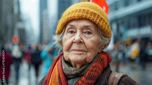 Senior Woman at Protest with Determined Expression in City