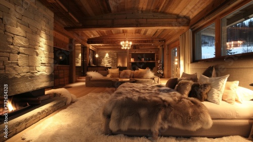 With a crackling fire and soft ambient lighting this alpine lodge is the epitome of luxurious sleep. 2d flat cartoon.
