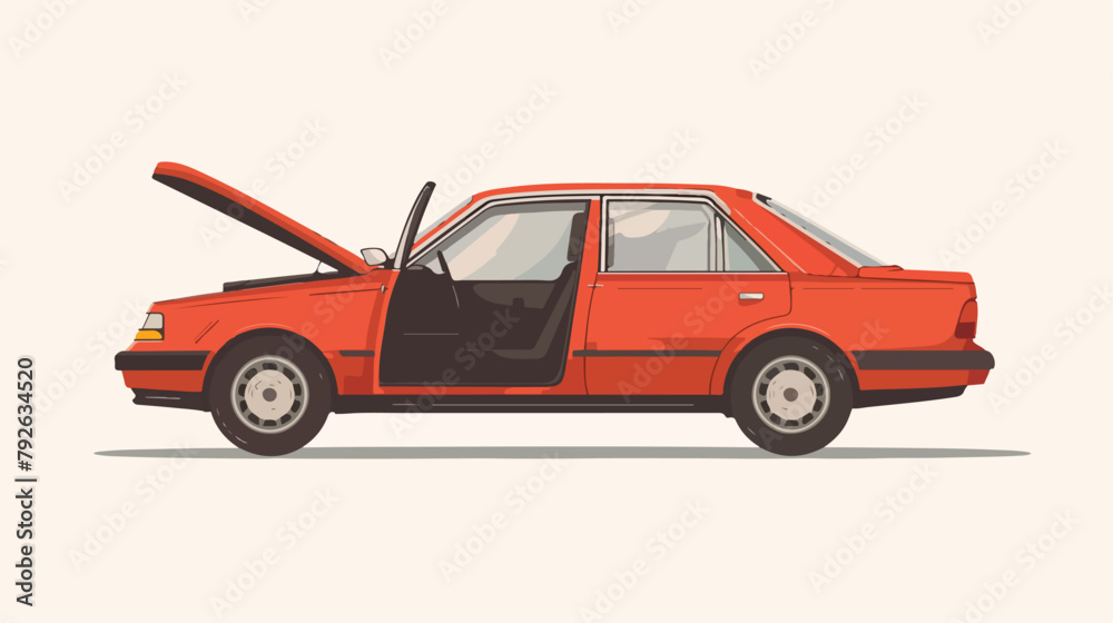 Sedan car with open trunk and door. Vector flat style