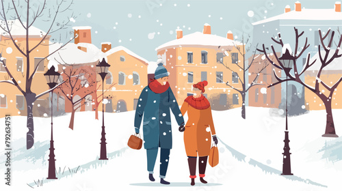 Senior couple walking on the city street at winter 