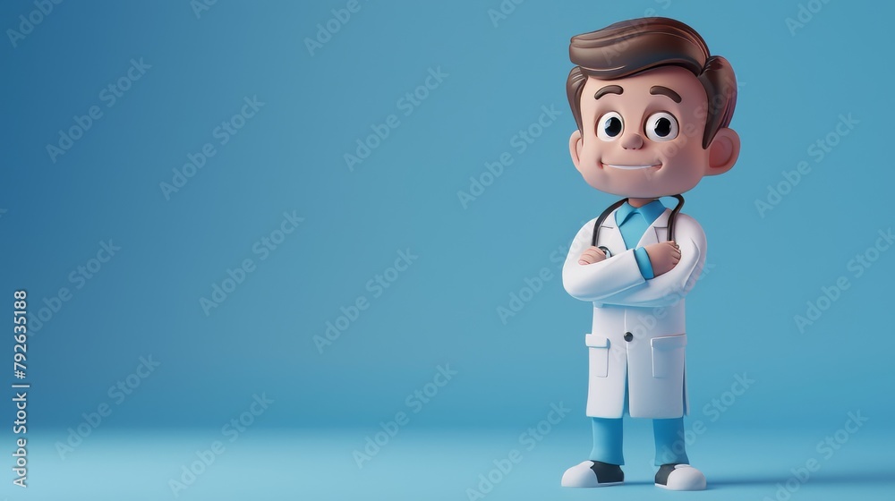 3D Doctor Character on blue background with copy space for a text